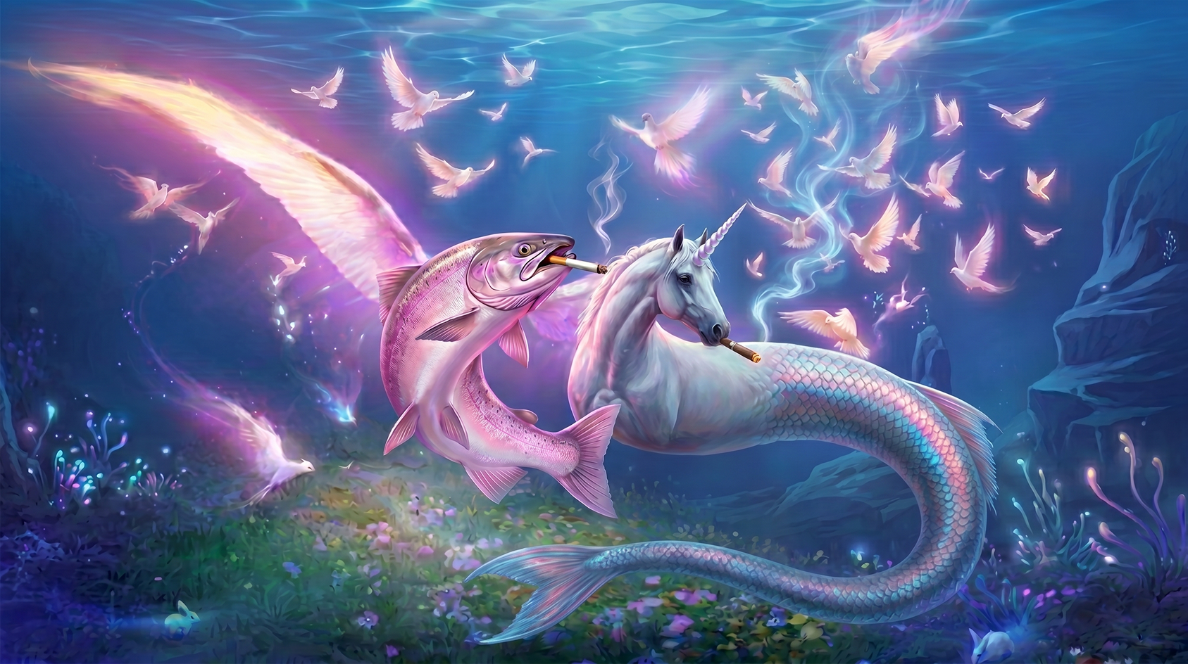 The salmon meeting a unicorn seahorse in the underwater kingdom